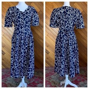 Vintage 80s Navy Floral Cottagecore Cotton Midi Dress